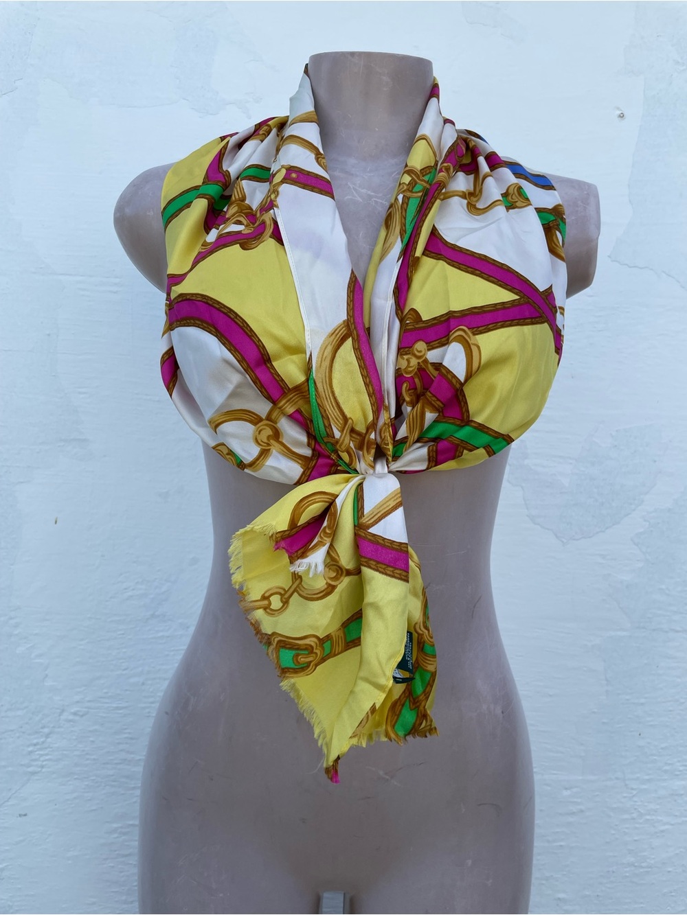 Lauren Ralph Lauren Yellow Silk Scarf with Pink and Green Chain Motif